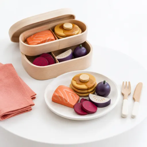 Elevated wooden toy food sets for refined pretend play