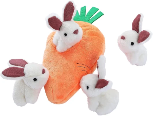 Hide and Seek Squeaky Dog Plush Toy, Rabbit and Carrot, Orange and White, 5 Pack