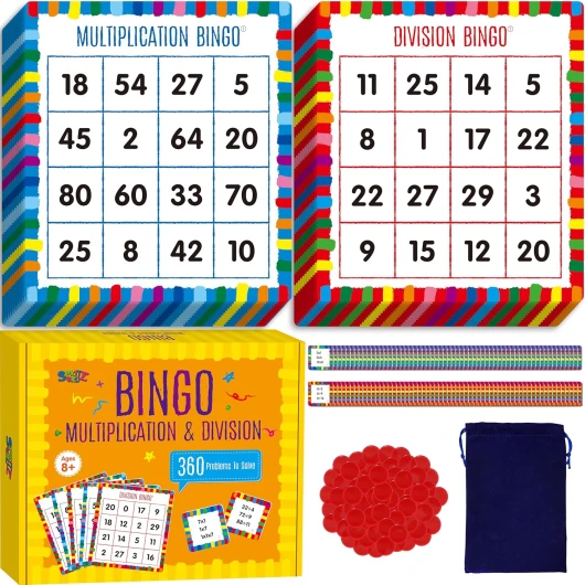 Multiplication & Division Bingo Game, 360 Math Problems, 2 Educational Math Board Game for Kindergarten and Preschool Kids 4-8, Perfect for Classroom & at Home