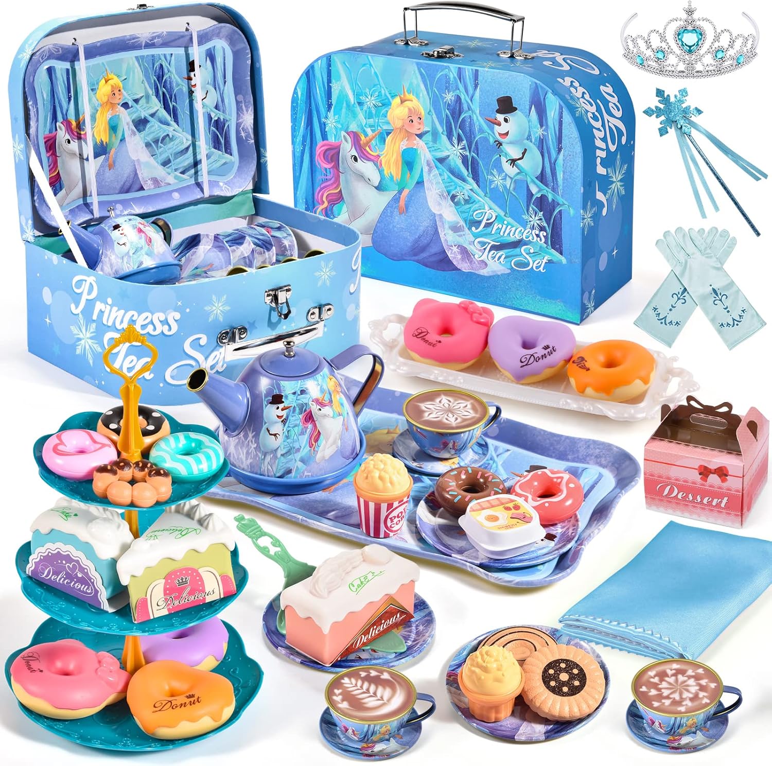 Tea Party Set for Little Girls Frozen Toys Inspired Elsa Princess Gift, 49Pcs Kid Tin Tea Set & Luxury Food Playset & Carry Case, Kitchen Pretend Play Toy 3-5 Years Toddler Girls Birthday Gift